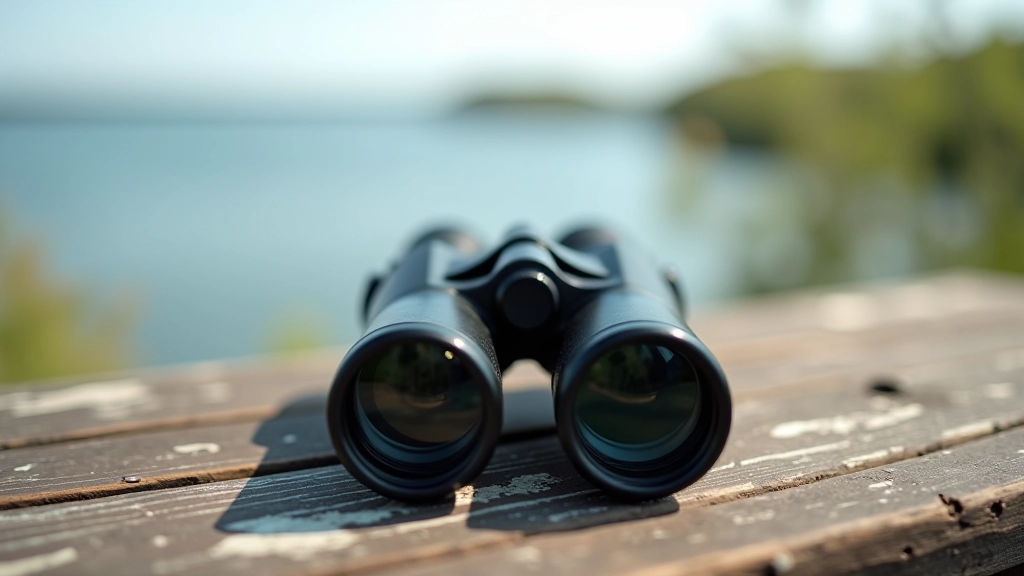 Binoculars resting on natural wooden table with river landscape visible through them, peaceful outdoor setting