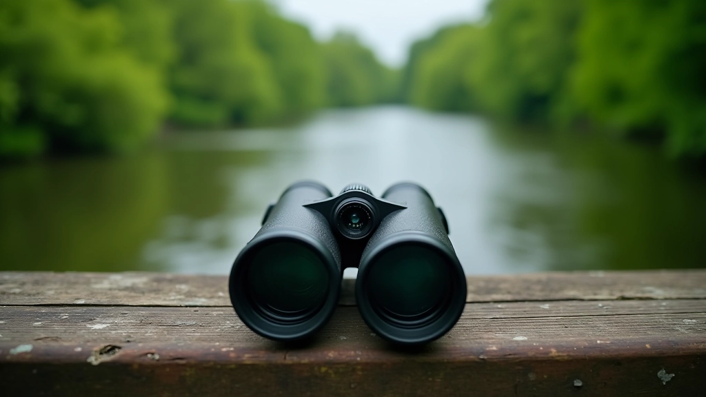 Binoculars resting on wooden surface, bird watching equipment