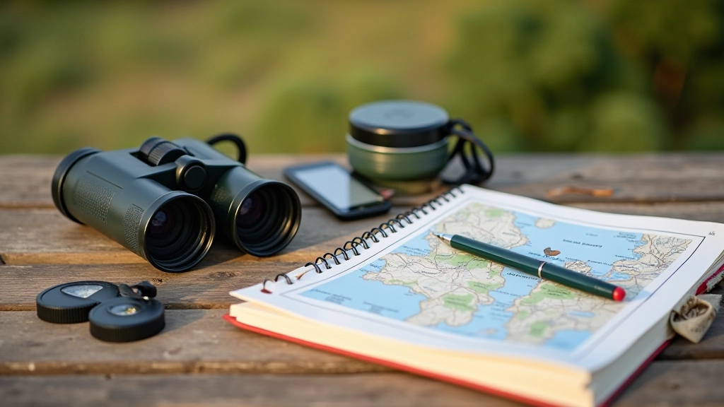 Birdwatching essentials laid out on wooden table including binoculars, field guide, notebook, and camera, organized outdoor preparation