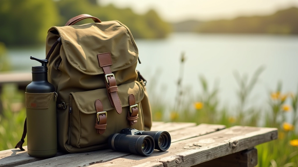 Hiking backpack, water bottle, and binoculars on weathered wooden bench, natural morning light, outdoor setting
