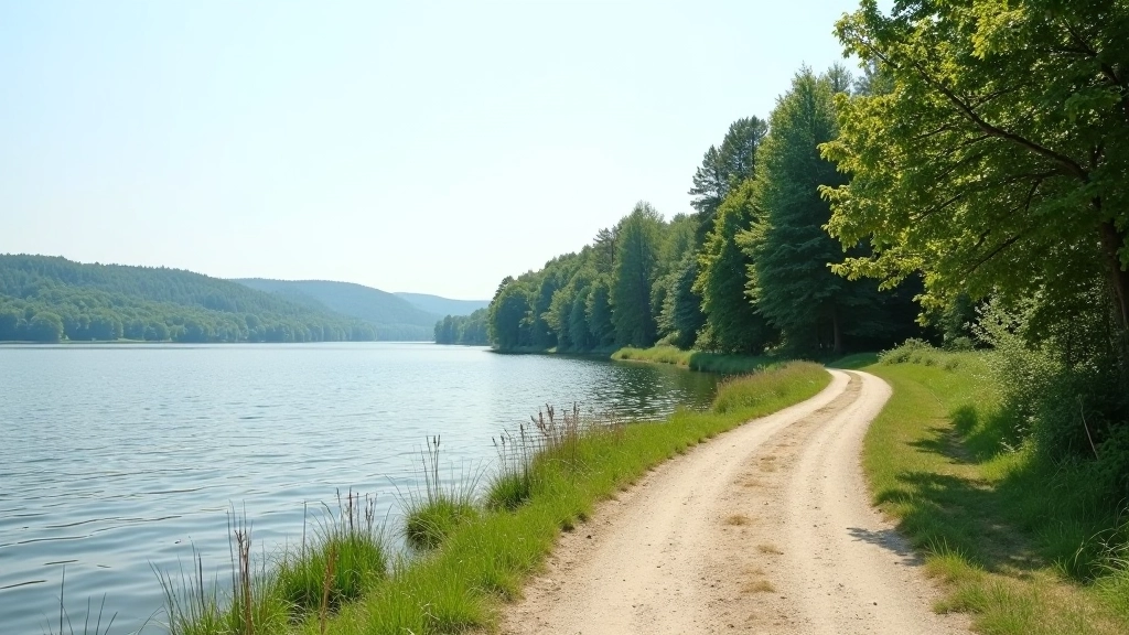 Scenic lake landscape showing the curved shoreline path with mix of forest and open water views, ideal walking destination