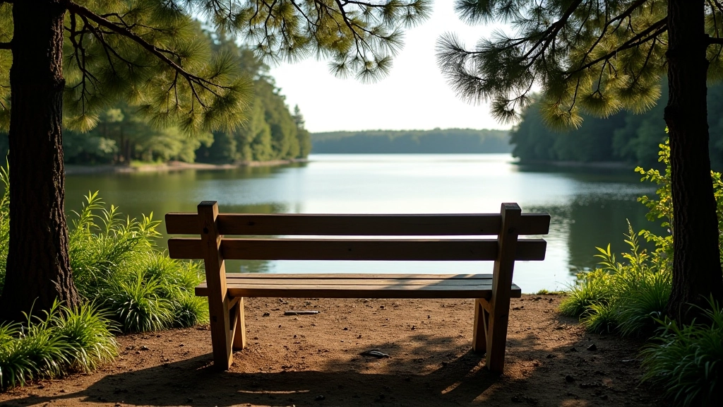 Wooden bench overlooking calm lake water with pine trees in background, peaceful resting spot with natural shade and scenic view