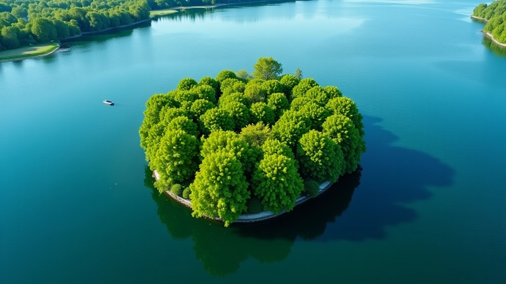 Aerial view of small tree-covered island surrounded by blue river water, peaceful natural setting