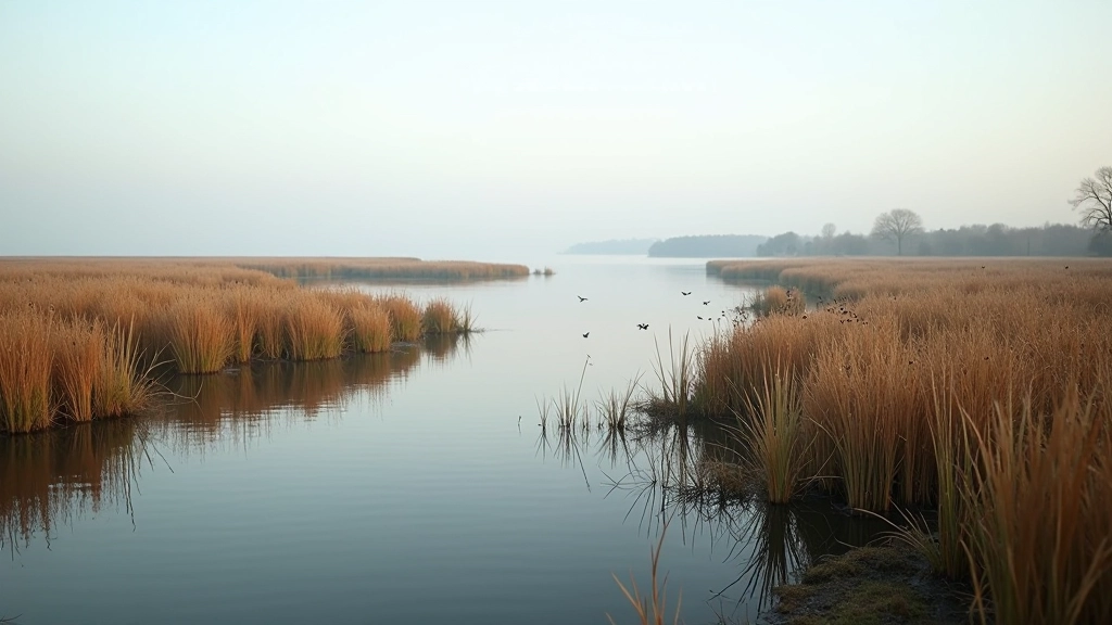 Small island with reed beds and wetland vegetation, water channels visible, birds flying overhead, untouched natural habitat