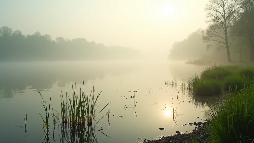 Spring morning at the shoreline with mist over water, emerging green vegetation, soft natural light