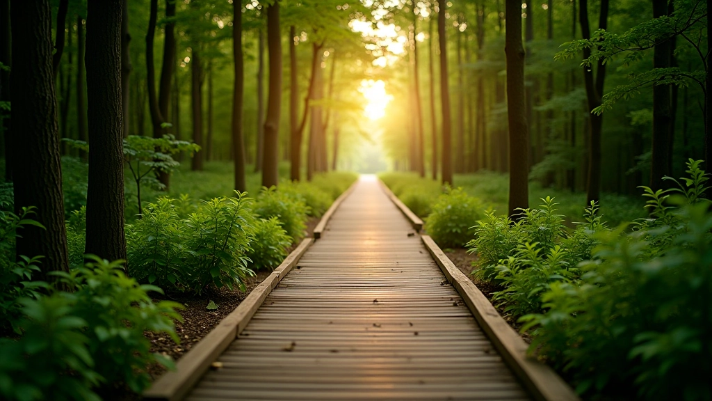 Walking path through forest on Great Island, wooden boardwalk sections visible, dappled sunlight filtering through trees