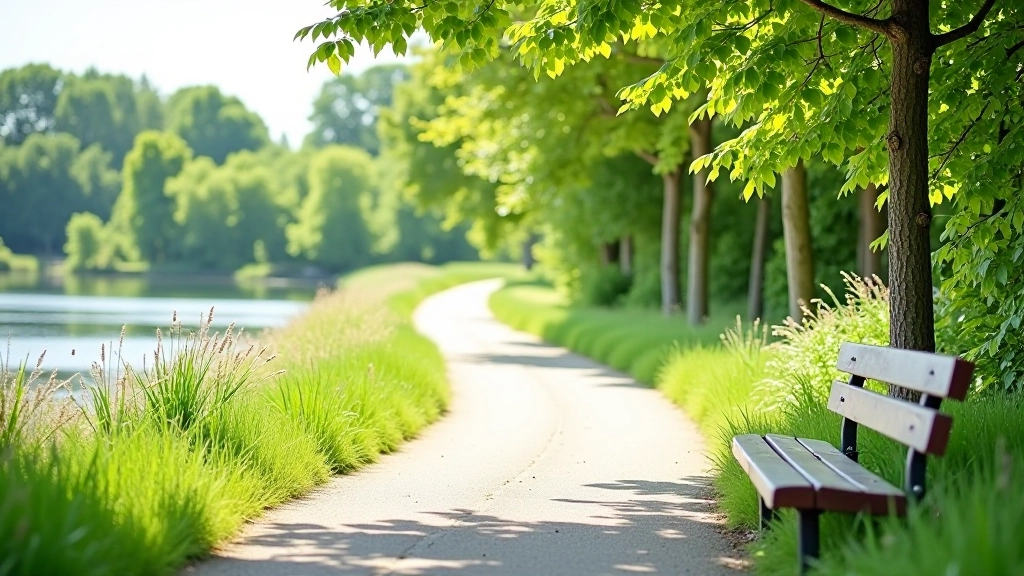 Accessible shoreline walking path with rest areas and clear signage for senior explorers