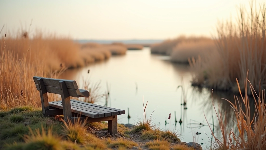 Wooden bench overlooking calm water with reeds, peaceful setting, soft afternoon light, nature reflection