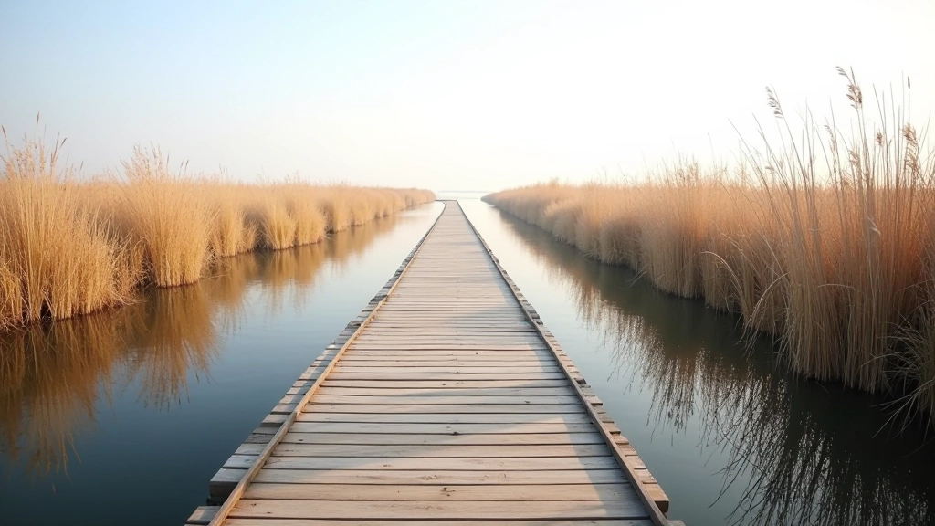 Wooden boardwalk path over calm water, accessible shoreline route